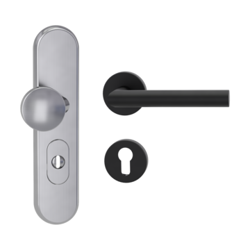 Silhouette product image in perfect product view shows the Griffwerk security combi set TITANO_882 in the version cylinder cover, round, brushed steel, clip on with the door handle LUCIA