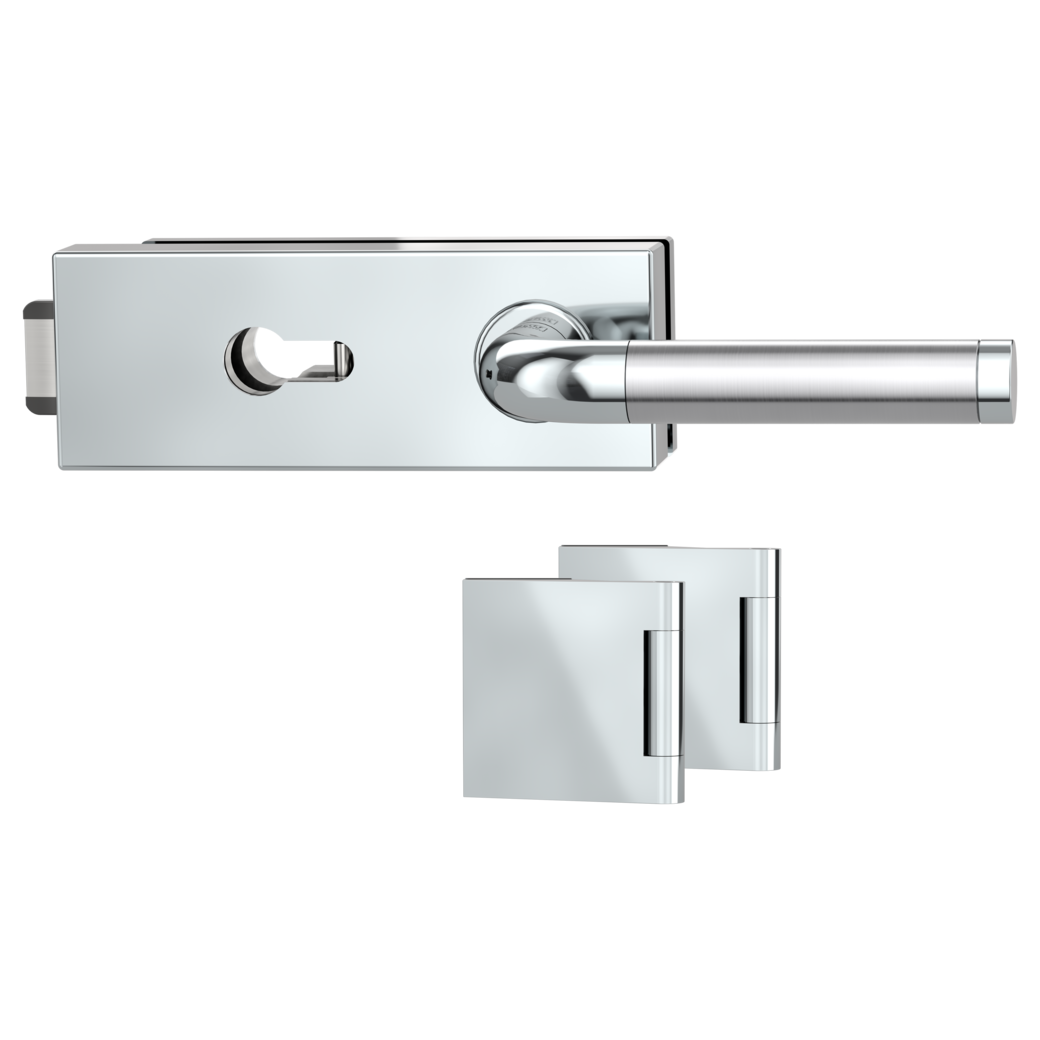 PURISTO S glass door fitting set Quiet profile cylinder 3-pc. hinges SIMONA polished steel
