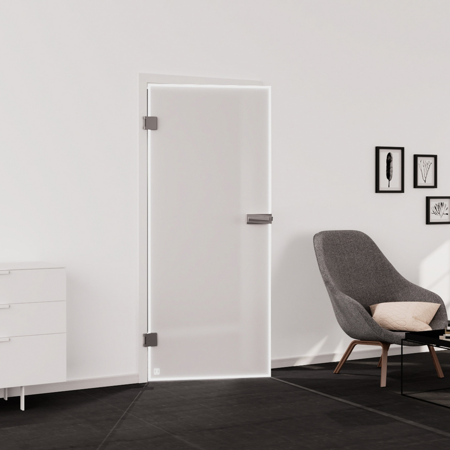 Living situation which shows the glass door with tempered safety glass (ESG) laserdecor JETTE FRAME 815 in the vision frosted PURE WHITE drilling Studio/Office revolving door DIN L