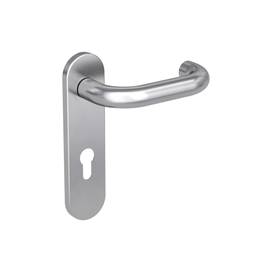 Isolated product image in the right-turned angle shows the GRIFFWERK door handle set ALESSIA PROFESSIONAL in the surface brushed steel version UG4 panic euro profile