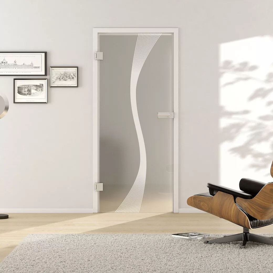 Glasdrehtür DECO 583 ESG PURE WHITE matt 834x1972x8mm Studio/Office DIN L