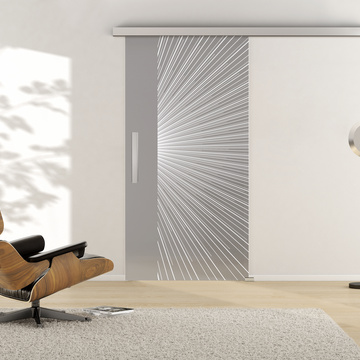 Ambient image in living situation illustrates the Griffwerks glass door LINES_LD_650  in the version TSG MOON GREY matt 