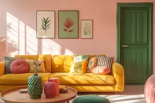 Dopamin Wohnzimmer mit AVUS ONE in Gold matt Das Bild zeigt ein Dopamin Wohnzimmer mit Türgriff AVUS ONE in Gold matt