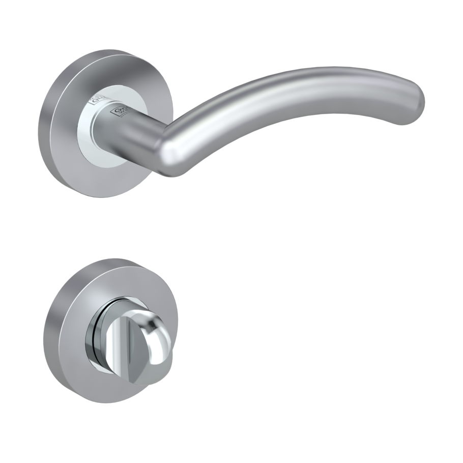 Isolated product image in the right-turned angle shows the GRIFFWERK rose set GABRIELLA in the version turn and release - chrome/silver matt - screw on technique inside view 