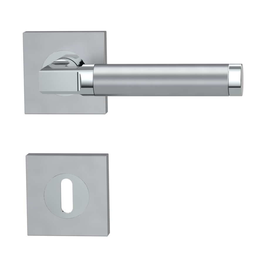 Isolated product image in perfect product view shows the GRIFFWERK rose set square LARONDA QUATTRO in the version mortice lock - chrome/silver matt - screw on technique