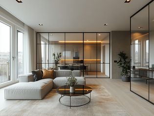 Salón acristalado La imagen muestra una sala de estar con cocina contigua separada por un cristal