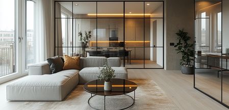 Das Bild zeigt ein Wohnzimmer mit angrenzender Küche die durch Glas getrennt sind