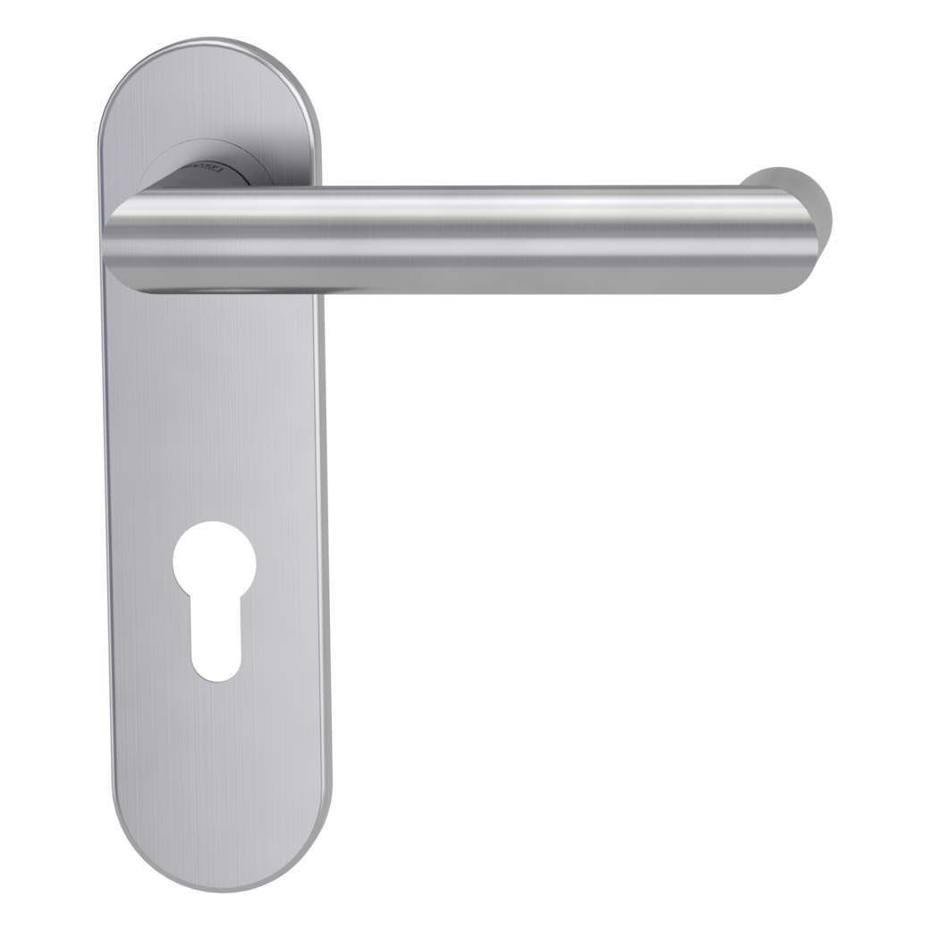 LUCIA PROF door handle set Screw-on sys.panic round short backpl. Satin stainless steel profile cylinder