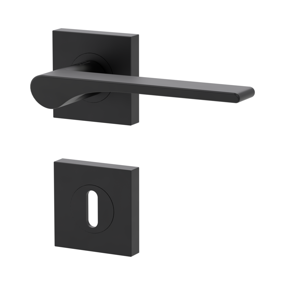 Isolated product image in the left-turned angle shows the GRIFFWERK rose set square LEAF LIGHT in the version mortice lock - graphite black - screw on technique