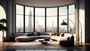 Un salon à la décoration minimaliste avec de grandes fenêtres et une vue sur la ligne d'horizon de New York. Les lignes claires et l'élégance sobre de la pièce sont soulignées par les poignées de porte minimalistes.