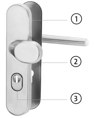 Illustration shows components of a Griffwerk security fitting