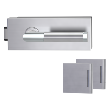 Silhouette product image in perfect product view shows the Griffwerk glass door lock set PURISTO in the version unlockable, polished steel, 2-part hinge set with the handle pair LOREDANA EP/EM