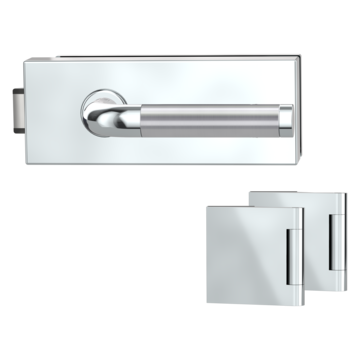 Silhouette product image in perfect product view shows the Griffwerk glass door lock set PURISTO in the version unlockable, polished steel, 2-part hinge set with the handle pair SIMONA CHR/EM