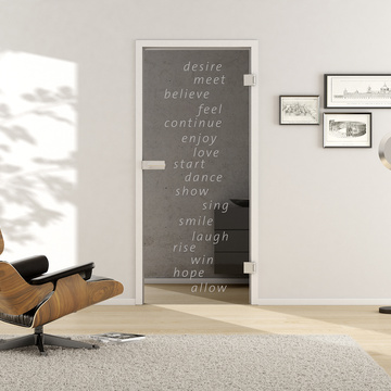 Ambient image in living situation illustrates the Griffwerk Glass revolving door TYPO 668 in the version TSG MOON GREY clear