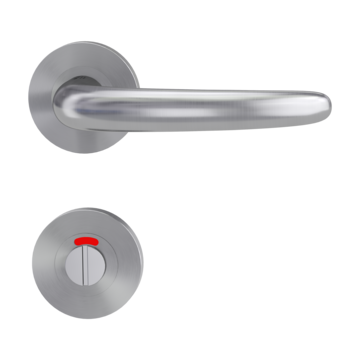 The image shows the Griffwerk door handle set ULMER GRIFF PROF in the version with rose set round wc red/white screw on brushed steel