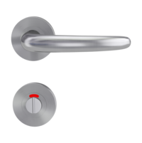 Die Abbildung zeigt die Griffwerk Türgriffgarnitur ULMER GRIFF PROF in der Ausführung mit Rosetten rund WC rot/weiß Schraubtechnik Edelstahl matt