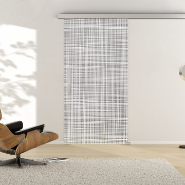 Ambientebild in Wohnraumsituation illustriert die Griffwerk Glasschiebetür CANVAS 571 in der Ausführung ESG MOON GREY matt
