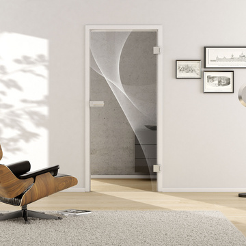 Wohnsituation mit zeigt die GRIFFWERK Glastür 3D_LD_623 in der Ausführung DIN rechts - Drehtür Bohrung Studio/Office - Einscheibensicherheitsglas PURE WHITE Laser einseitig 