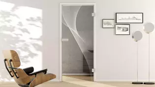 Living situation with shows the GRIFFWERK glass door 3D_LD_623 laser one side in the version revolving door - DIN right - studio / office - tempered safety glass PURE WHITE 