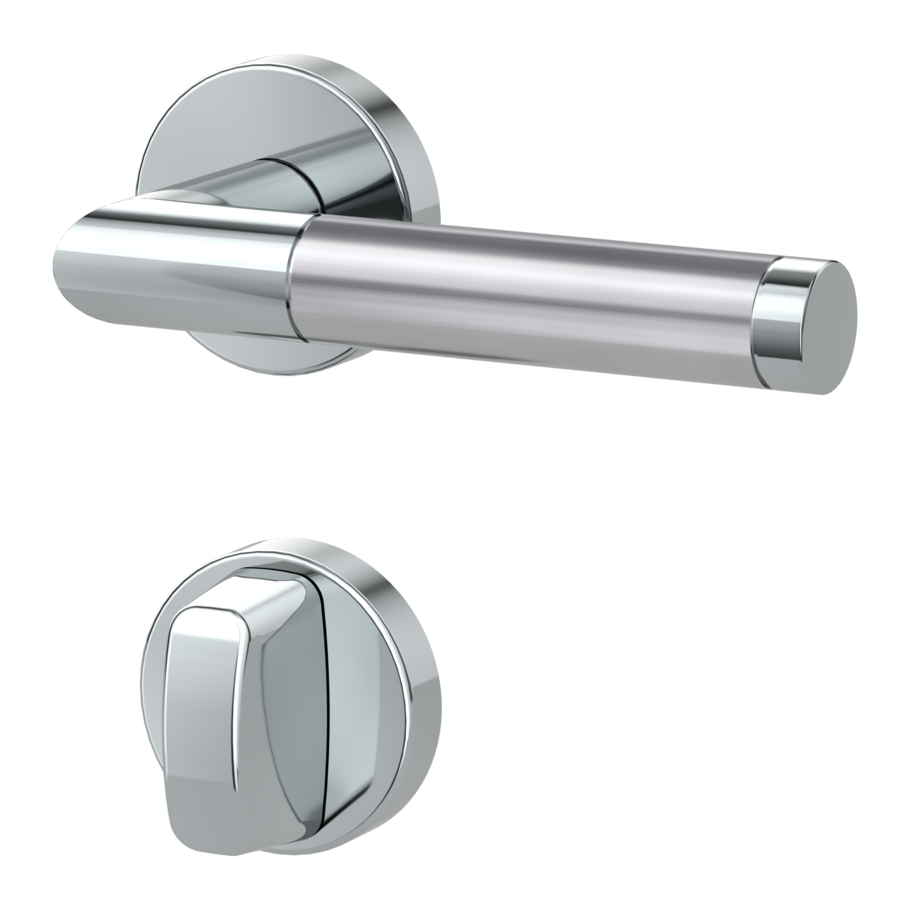 Freigestelltes Produktbild im nach links gedrehten Blickwinkel fotografiert zeigt die GRIFFWERK Rosettengarnitur LOREDANA in der Ausführung WC-Schließer - Edelstahl poliert-matt - Klipptechnik Innenansicht