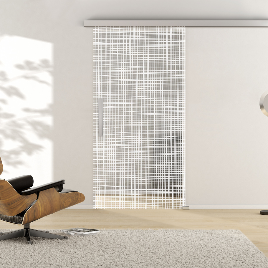 Ambientebild in Wohnraumsituation illustriert die Griffwerks Glastüre CANVAS_571 in der Ausführung  ESG PURE WHITE klar 