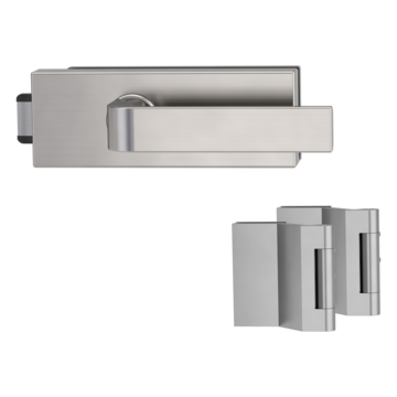Silhouette product image in perfect product view shows the Griffwerk glass door lock set PURISTO S in the version unlockable, brushed steel, 2-part hinge set with the handle pair GRAPH SG