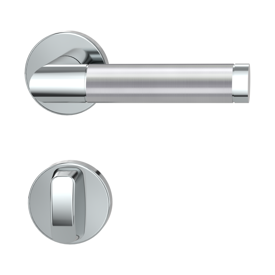 Freigestelltes Produktbild im idealen Blickwinkel fotografiert zeigt die GRIFFWERK Rosettengarnitur LUCIA SELECT in der Ausführung WC-Schließer - Graphitschwarz-Messing - Schraubtechnik Innenansicht 