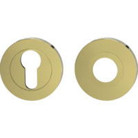 Freigestelltes Produktbild im idealen Blickwinkel fotografiert zeigt den Griffwerk Kombi-Innen-Rosettensatz in der Version Messing-Optik, rund mit Zierring, Klipptechnik