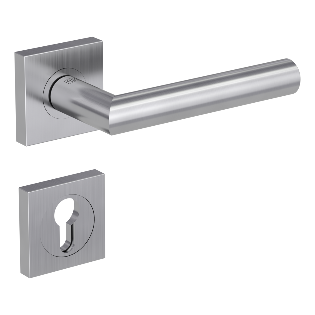 LUCIA PROF door handle set Screw-on sys.GK3 straight-edged escut. Satin stainless steel profile cylinder
