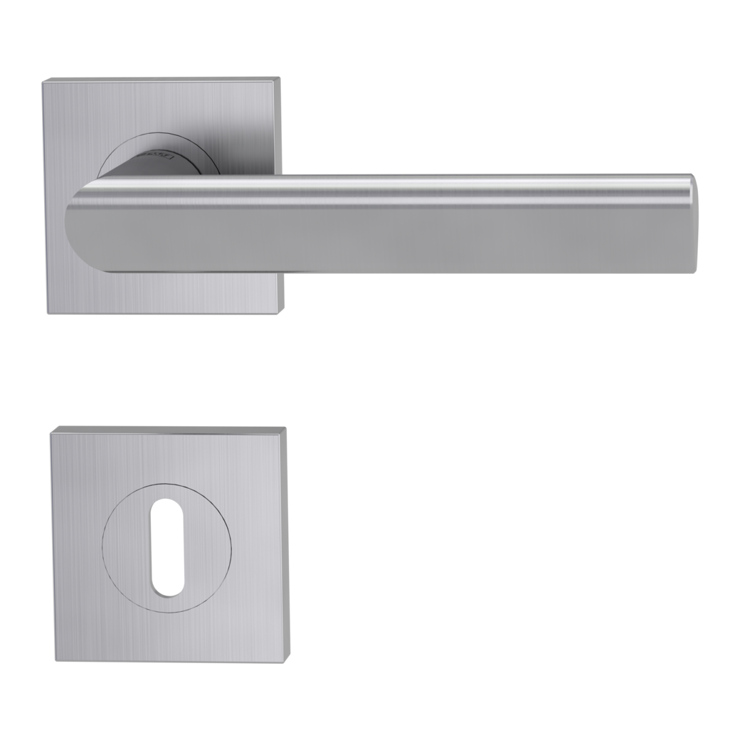 TRI 134 door handle set Screw-on sys.GK3 straight-edged escut. Satin stainless steel cipher bit