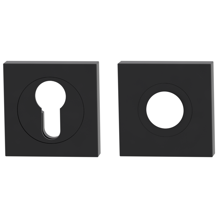 Freigestelltes Produktbild im idealen Blickwinkel fotografiert zeigt den Griffwerk Kombi-Innen-Rosettensatz in der Version Graphitschwarz, eckig mit Zierring, Klipptechnik