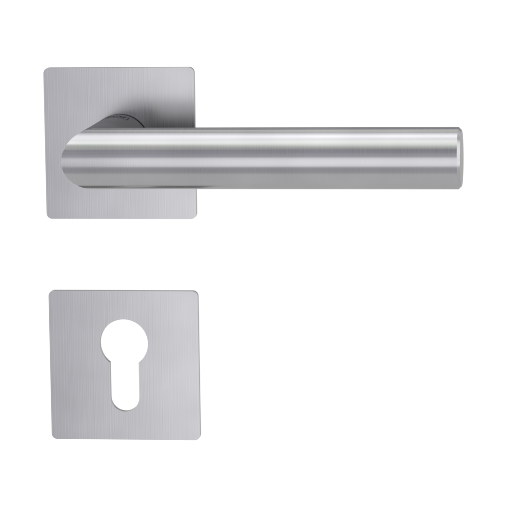 LUCIA PIATTA S QUATTRO door handle set Flat escutcheons straight-edged Satin stainless steel profile cylinder