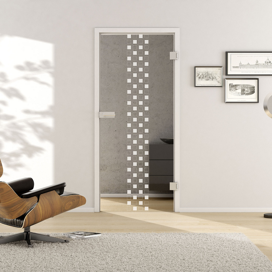 Living situation with shows the GRIFFWERK glass door Classic_LD_663 laser one side in the version revolving door - DIN right - studio / office - tempered safety glass PURE WHITE 