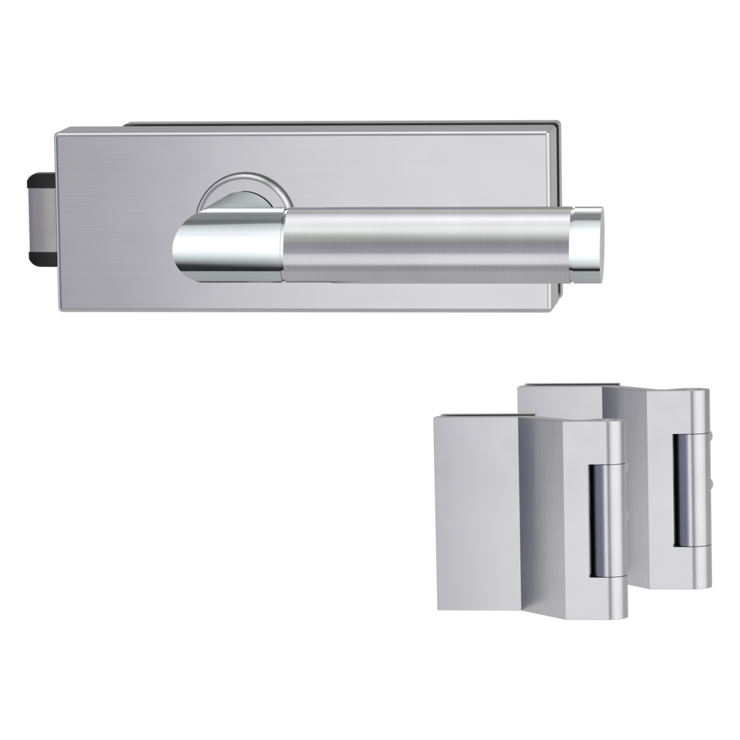 glass door lock set PURISTO S unlockable silent 3-part hinges CHRISTINA brushed steel