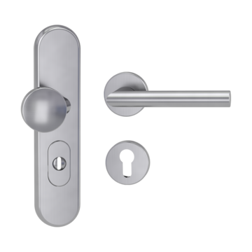 Silhouette product image in perfect product view shows the Griffwerk security combi set TITANO_882 in the version cylinder cover, round, brushed steel, clip on with the door handle VIVIA