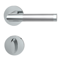 Freigestelltes Produktbild im idealen Blickwinkel fotografiert zeigt die GRIFFWERK Rosettengarnitur eckig AVUS in der Ausführung WC-Schließer - Kaschmirgrau - Schraubtechnik Innenansicht 