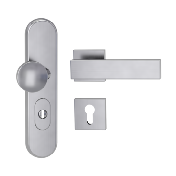Silhouette product image in perfect product view shows the Griffwerk security combi set TITANO_882 in the version cylinder cover, square, brushed steel, clip on with the door handle CARLA SQUARE