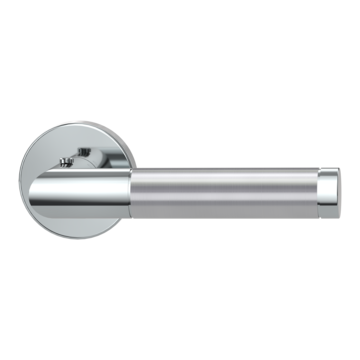 Die Abbildung zeigt die Griffwerk Türgriffgarnitur LOREDANA in der Ausführung mit Rosetten rund smart2lock 2.0 Klipptechnik Edelstahl poliert-matt