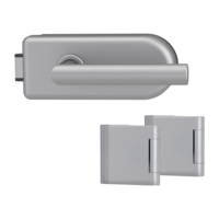 Silhouette product image in perfect product view shows the Griffwerk glass door lock set SMILE 1.0 in the version unlockable, aluminum EV1, 3-part hinge set with the handle pair L-FORM