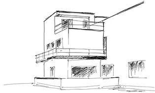 Le croquis montre la maison de style Bauhaus à Dessau dans laquelle Feininger et Moholy-Nagy ont vécu.