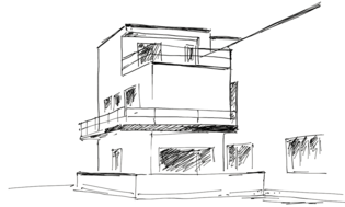 Die Skizze zeigt das Haus im Bauhausstil in Dessau in dem Feininger und Moholy-Nagy wohnten.