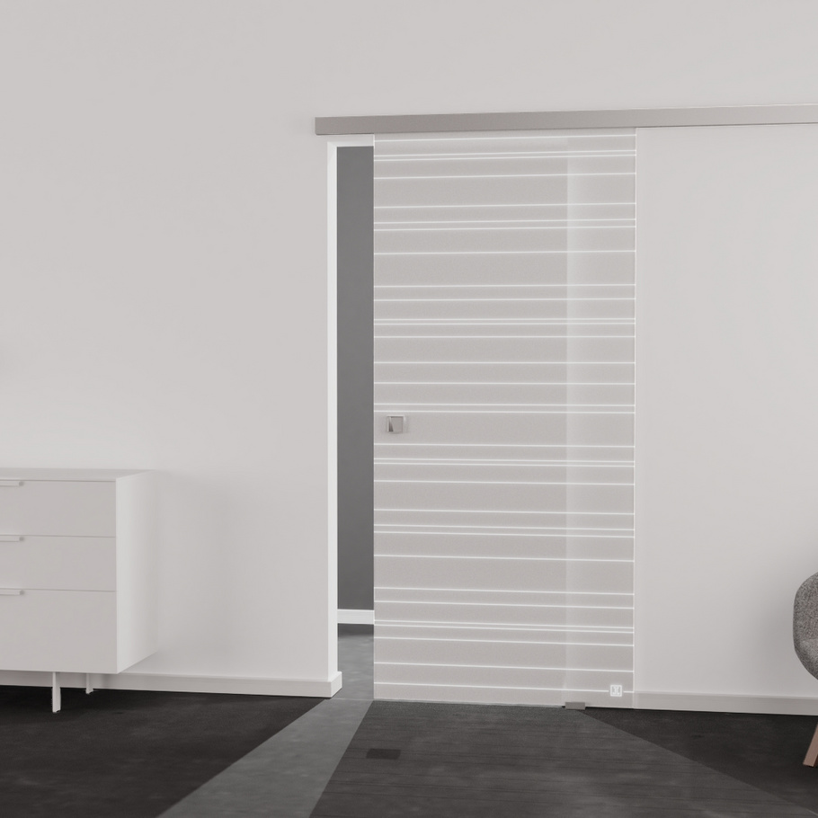 Living situation which shows the glass door with tempered safety glass (ESG) laserdecor JETTE LINES 814 in the vision frosted PURE WHITE drilling Studio/Office sliding door