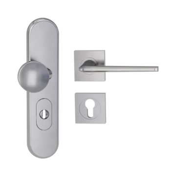Silhouette product image in perfect product view shows the Griffwerk security combi set TITANO_882 in the version cylinder cover, square, brushed steel, clip on with the door handle REMOTE SG