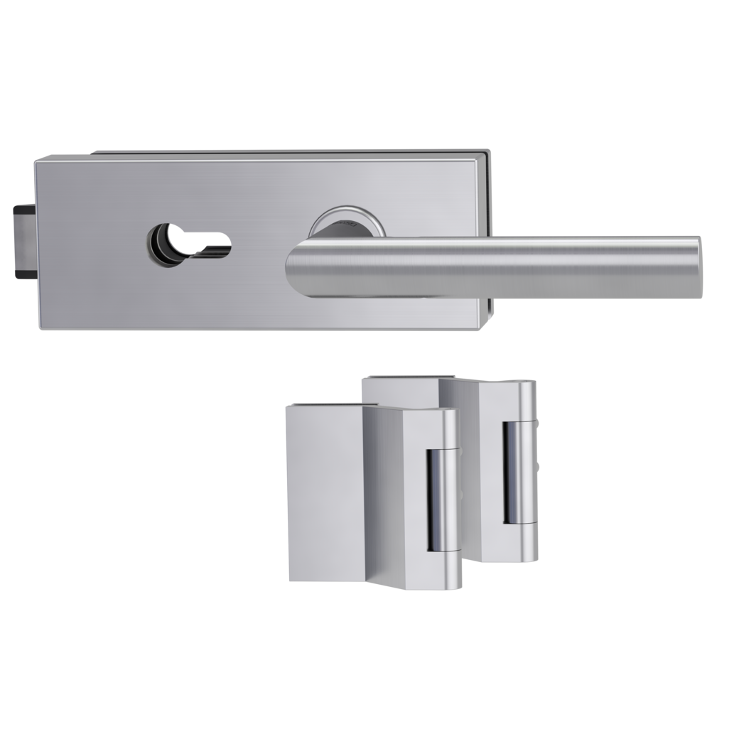 glass door lock set PURISTO S euro profile silent 3-part hinges OVIDA brushed steel
