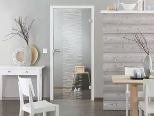 Illustration of a glass door with glass door fitting Classico The picture shows a dining room with glass door and matching glass door fitting Classico in satin stainless steel.