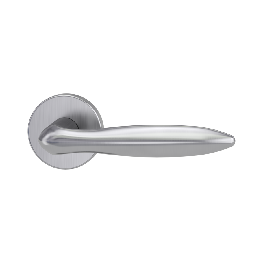 The image shows the Griffwerk door handle set VERONICA in the version with rose set round unlockable clip on brushed steel