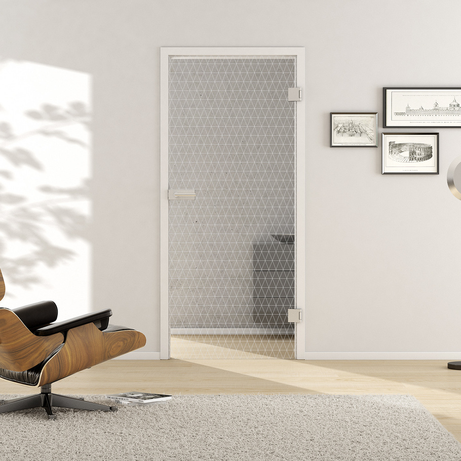 Wohnsituation mit zeigt die GRIFFWERK Glastür GRIDS_LD_691 in der Ausführung DIN rechts - Drehtür Bohrung Studio/Office - Einscheibensicherheitsglas PURE WHITE Laser einseitig