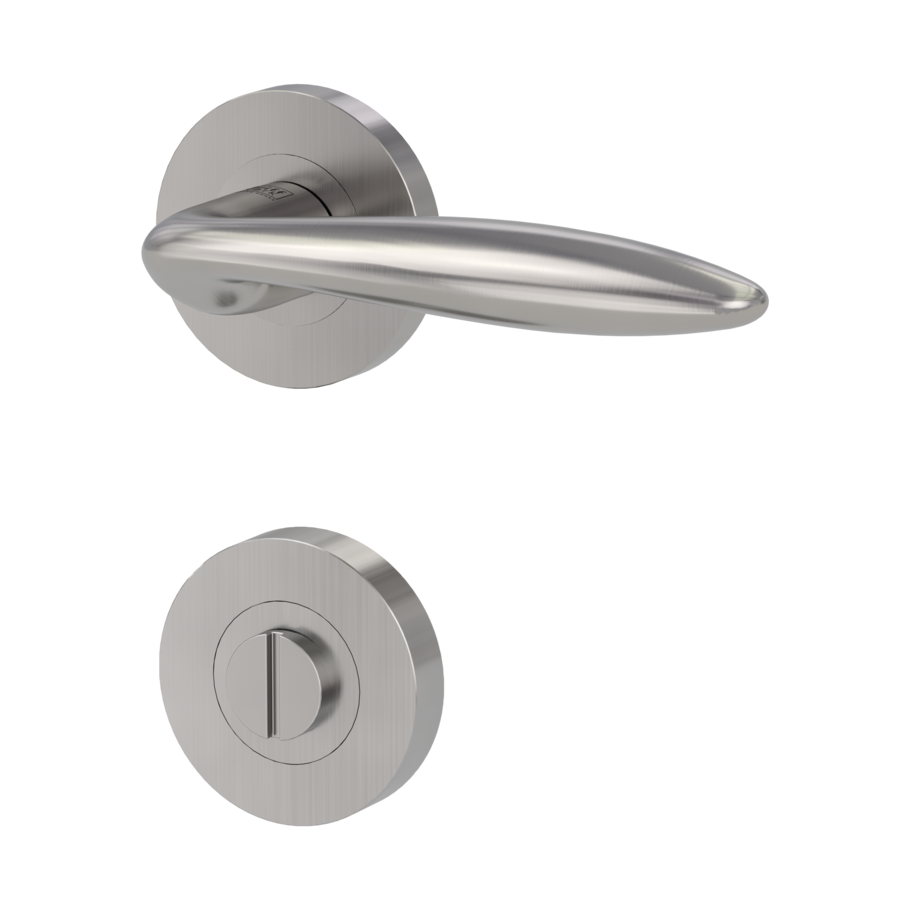 Isolated product image in the left-turned angle shows the GRIFFWERK rose set ALINA in the version turn and release - nickel matt - screw on technique outside view