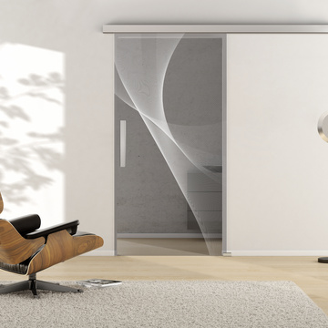 Ambient image in living situation illustrates the Griffwerk sliding glass door 3D 623 in the version TSG MOON GREY clear