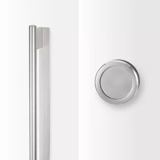 L'illustration montre une poignée coquille et une barre de poignée pour une porte coulissante en verre.